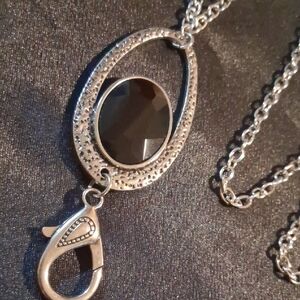Elegant Silver and Black Pendant Necklace 36+2 In Long. Oversized Lobster Clasp.